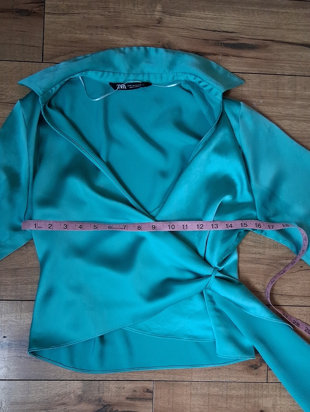 Zara Women's Teal Satin Glossy Fluid V Neck Wrap Long Sleeves Blouse Medium - Picture 12 of 16